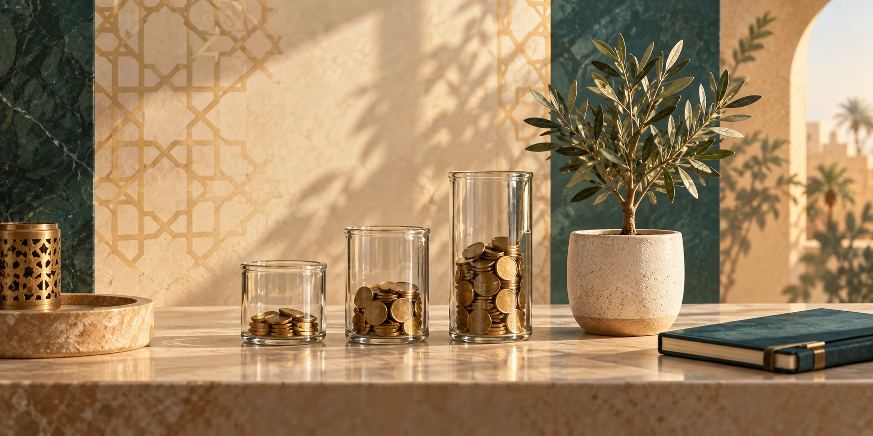 Brass tokens in glass vessels beside a small olive plant